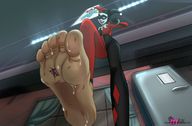 giantess feet barefoot sweat harley_quinn foot_crush mask shrunken_person indoors costume joker dc_comics