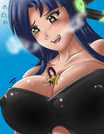 drawing giantess blushing color cleavage saliva anime green_eyes purple_hair smiling looking_down open_mouth looking_at_tiny quetzalcoatle29 between_breasts