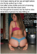 collage panties long_hair butt barefoot bra brunette scared shrunken_man looking_back looking_at_viewer imminent_crush