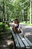 collage pussy brunette shrunken_man looking_down outdoors public shaved_pussy bench
