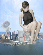 collage city mega long_hair destruction clothed barefoot buildings brunette sitting looking_down splash hands_on_hips harbor