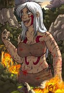 drawing giantess white_hair crush color destruction blue_eyes handheld blood smiling scared fire hiding massacre looking_at_tiny tribal_tattoo climbing_giantess bruised