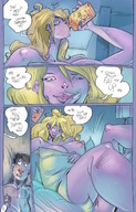 breasts nipples pussy blonde comic mamabliss penis cleavage bed story shrunken_man looking_down naked_man drinking towel bedroom tequila