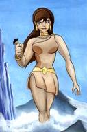 breasts drawing giantess mega color handheld giganta red_hair ponytail dress walking painting clouds wonder_woman belt dc_comics watercolor