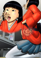 drawing vore black_hair color short_hair belly shrunken_people open_mouth chopsticks inside_stomach kibate