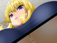 breasts drawing blonde color blue_eyes kanahebi breast_crush shrunken_man inside_shirt tenohira_ni_sekai_wo between_breasts