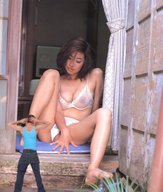 breasts nipples collage panties barefoot cleavage bra brunette sitting legs shrunken_man doorway