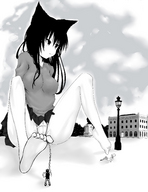 drawing panties feet upskirt monochrome long_hair barefoot skirt fox_ears shirt raised_foot imminent_crush lamppost chained_up foot_slaw simplistic