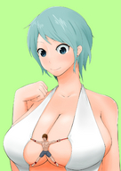 drawing color blue_eyes cleavage blue_hair huge_breasts bondage shorts shrunken_man looking_at_viewer spread_eagle