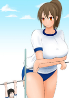 drawing color large_breasts clothed anime brunette mini_giantess shorts shirt no_background exercise_equipment pull_up
