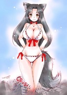 drawing giantess blushing tail city mega color swimsuit destruction cleavage yellow_eyes torajimaneko cat_girl looking_at_viewer