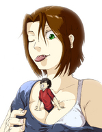 drawing giantess color tongue teeth bra green_eyes shrunken_man between_breasts