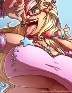 drawing vore blonde color long_hair tongue handheld saliva green_eyes underboob shrunken_woman open_mouth lollipop raina imminent_vore hungrysuccubus bentokitsune