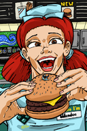 drawing giantess dinner red_hair pigtails uniform shrunken_man waitress yellowfeather imminent_vore cheese_burger