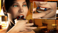 vore teeth finger green_eyes hand table shrunken_woman plate fruit pancakes human_food emi digital_render
