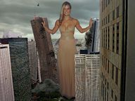 breasts giantess collage city mega blonde destruction rampage smiling dress skyscraper