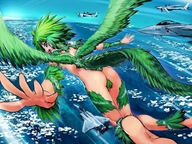 giantess tail wings green_hair airplane jets flying