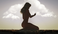 nude city mega blonde long_hair butt barefoot water kneeling looking_down silhouette sunset mike973 digital_render