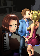 drawing gentle blonde color blue_eyes high_heels brunette dress kissing shrunken_woman doll tiara kibate bookshelf piano