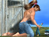 handheld barefoot jeans brunette unknown_artist muscles vehicles athletic outdoors looking_at_tiny digital_render