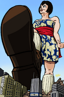 drawing city mega black_hair color destruction blue_eyes buildings shoes dress short_hair stroll yellowfeather raised_foot imminent_crush