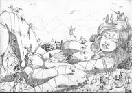 breasts drawing nipples giantess nude sleeping monochrome butt barefoot climbing bondage legs falling working gullivera diving ladders ropes townspeople jim_mellow