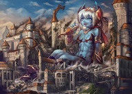 drawing giantess white_hair horns color destruction handheld castle yilx medieval sitting blue_skin abs ripped