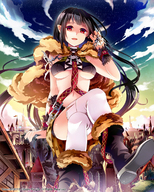 breasts drawing giantess color long_hair buildings red_eyes stockings castle boots sitting underboob legs cape looking_at_viewer sitting_on_building pointed_ears