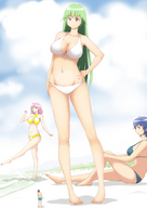 drawing gentle color large_breasts swimsuit clothed beach barefoot cleavage sitting shrunken_man looking_down women standing ビク太 bikuta swim_trunks