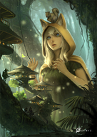 drawing giantess blonde color long_hair blue_eyes clothed dress jungle village squirrel onlookers vines cloak astonished sphinyx
