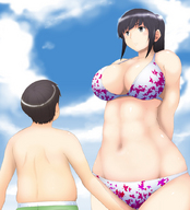drawing black_hair color large_breasts swimsuit clothed beach cleavage anime navel amazon standing looking_up sunny source_needed bikuta