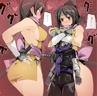drawing black_hair color large_breasts butt clothed anime breast_crush gloves ponytail women hugging headband mini_skirt amazons katana