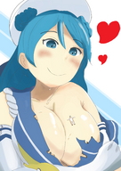 drawing growth gentle giantess color large_breasts blue_eyes cleavage blue_hair smiling ripped_clothing loving no_background between_breasts