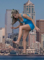giantess city blonde long_hair clothed barefoot seattle foot_crush bending_over canadian_giantess adrianna adrianna_daniels mini_skirt