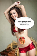 collage vore bra brunette smiling short_shorts shrunken_woman postvore internal_view