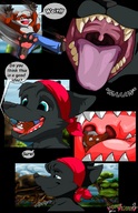 vore furry comic blue_eyes uvula shrunken_man falling dialogue bandanna vore_planet pointed_teeth