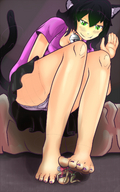drawing gentle giantess panties feet blushing tail black_hair color barefoot skirt green_eyes mouse smiling ears foot_play cat_girl under_foot mspaintgts