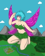 drawing wings city mega color swimsuit barefoot blue_hair fairy purple_eyes kneeling belly mountains forest river whitestormclouds