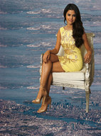 giantess collage city bridge high_heels brunette smiling dress sitting skyscrapers chair ships