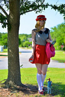 giantess pokemon blonde skirt glasses shoes socks tree serena shrunken_man grass standing cosplay outdoors hat ash_ketchum poke_ball