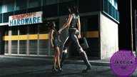 jessica black_hair long_hair clothed high_heels brunette amazon walking streets mini_skirt shopping_bag digital_render leather_outfit fater high_heel_boots onlooker hardware_store