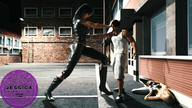 jessica black_hair clothed amazon shorts fighting night top digital_render leather_outfit fater high_heel_boots back_alley injured_woman parking_spaces