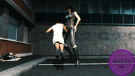 jessica black_hair clothed barefoot amazon shorts fighting standing night top digital_render leather_outfit fater high_heel_boots injured_woman parking_spaces