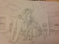 drawing nude mini_giantess sitting man house pencil_drawing