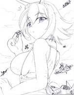 breasts drawing giantess monochrome large_breasts handheld short_hair airplane outdoors sideboob hank88 wwii kantai_collection mutsu better_size_at_source