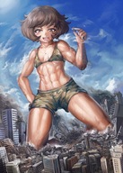 drawing giantess crush city mega color destruction handheld buildings brunette sweat smiling yilx short_hair kneeling muscles shorts looking_down camo crushed_building girls_und_panzer six_pack yukari_akiyama