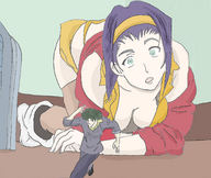 drawing color cleavage anime purple_hair unknown_artist crawling running shrunken_man fey spike joeraiden cowboy_bebop fey_valentine