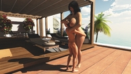 breasts nipples gentle nude black_hair butt barefoot cleavage huge_breasts amazon looking_down hugging palm_tree smothering nyom87 digital_render patio