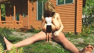 breasts nipples gentle nude pussy blonde long_hair barefoot huge_breasts mini_giantess sitting kissing legs shorts touching nyom87 digital_render log_cabin