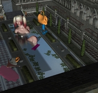 breasts nipples giantess nude panties long_hair bath red_hair pool ponytails purse mansion digital_render barrels high_heel_boots inflatable_tube discarded_clothing